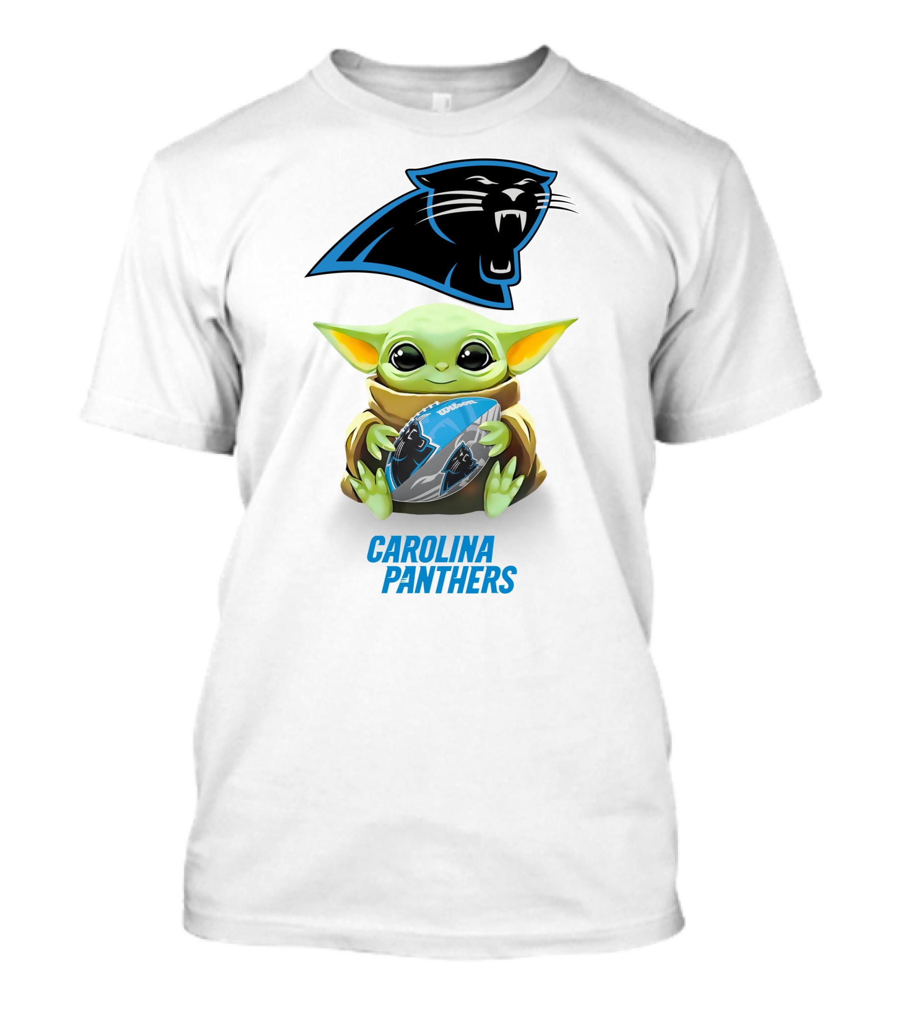 Baby Yoda Holding Carolina Panthers Football T-Shirt