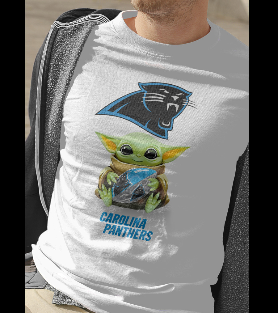 Baby Yoda Holding Carolina Panthers Football T-Shirt