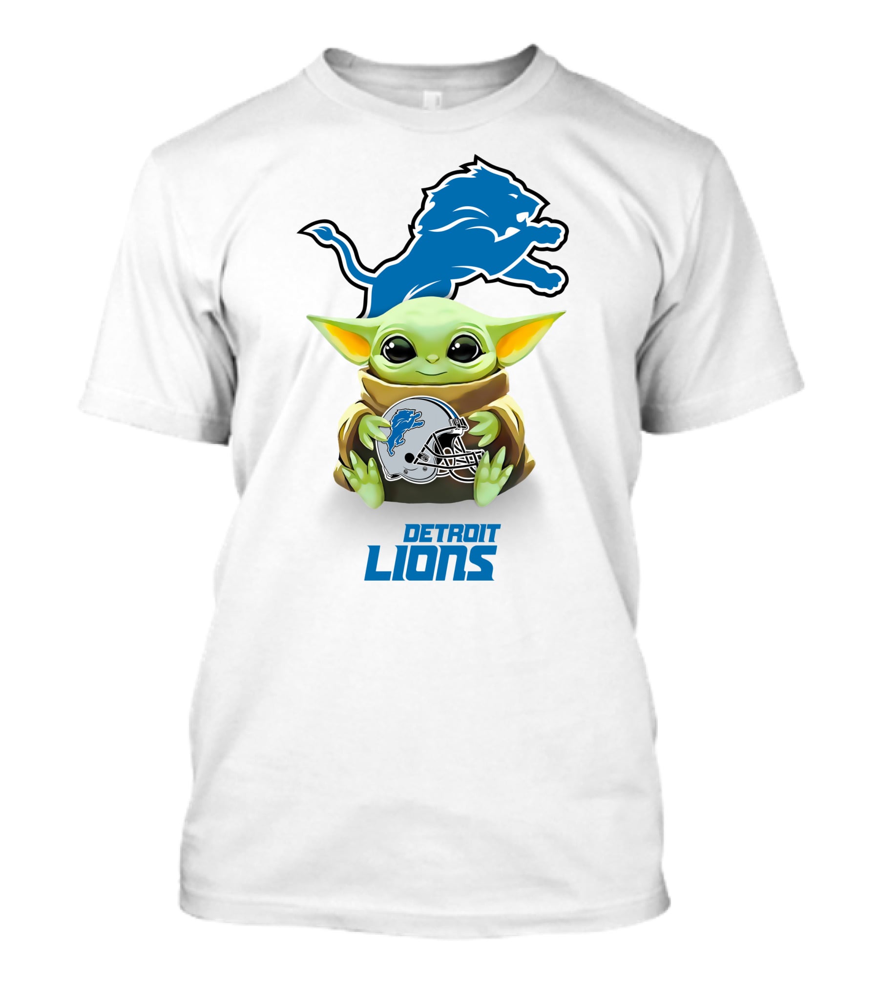 Baby Yoda Holding Detroit Lions Helmet With Team T-Shirt