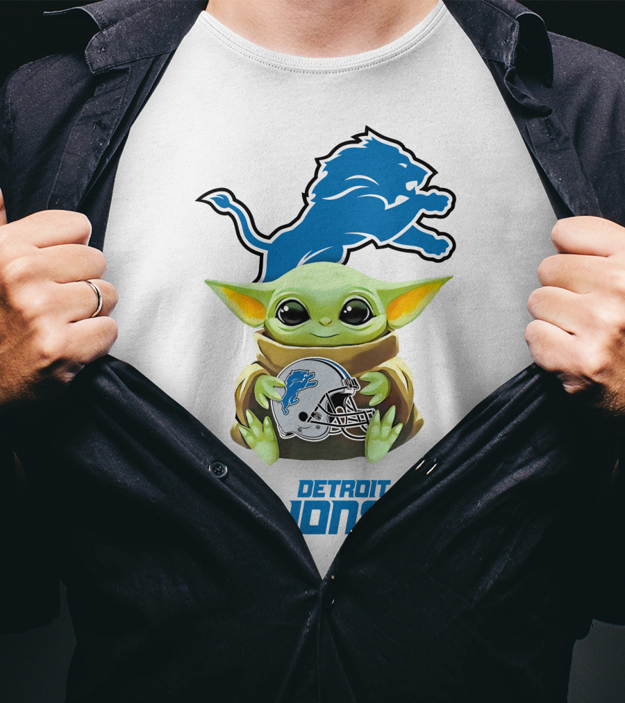 Baby Yoda Holding Detroit Lions Helmet With Team T-Shirt