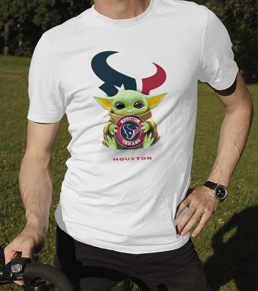 Baby Yoda Holding Houston Texans Logo With Team Emblem In T-Shirt