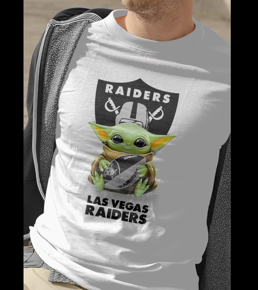 Baby Yoda Hugging Las Vegas Raiders Football Logo Fan Tailgate White T-Shirt