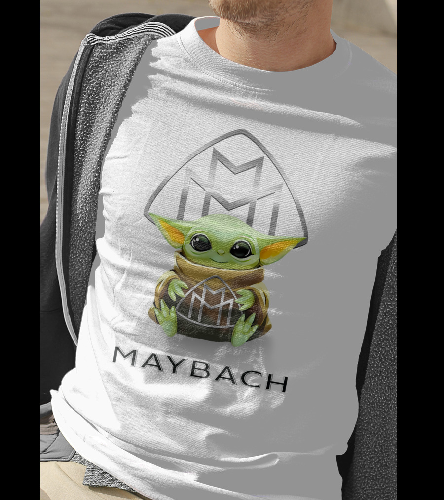 Baby Yoda Holding Maybach Emblem In White T-Shirt