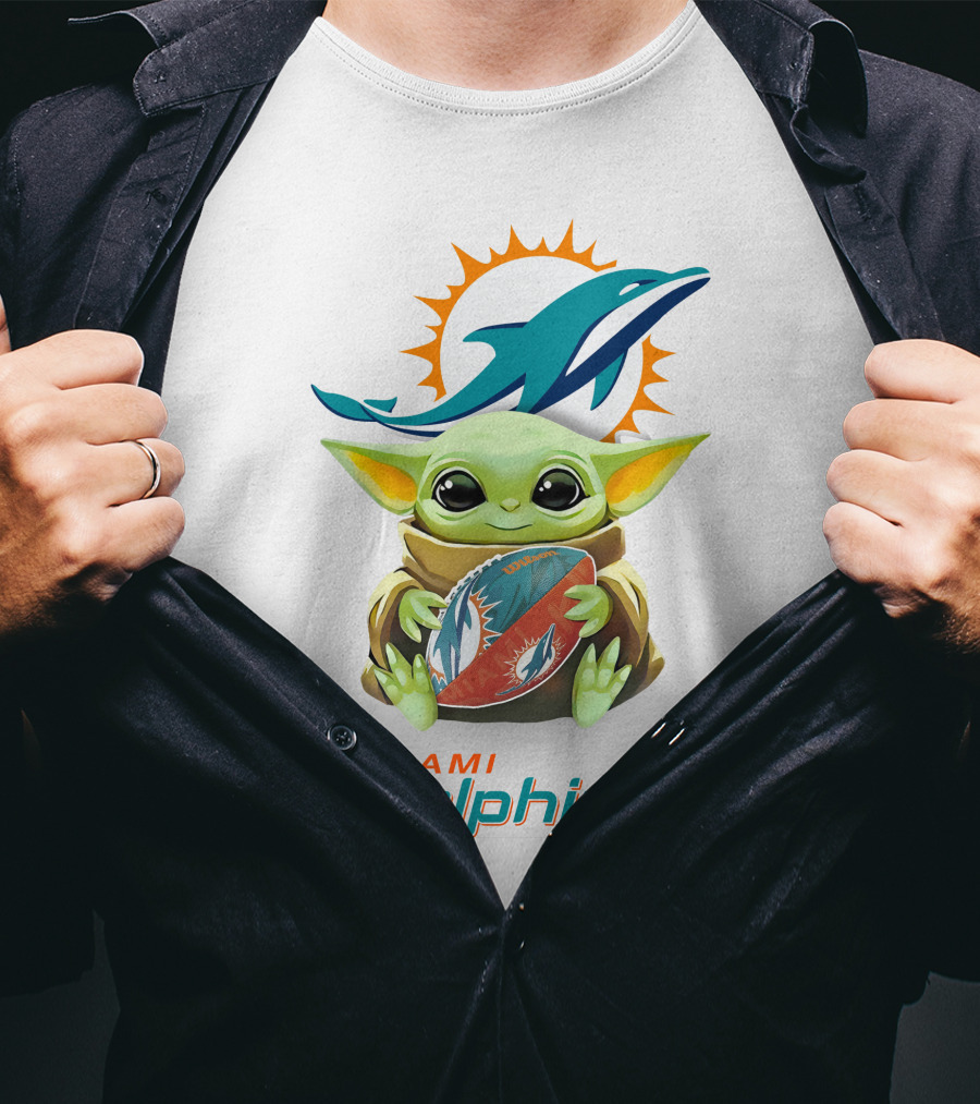Baby Yoda With Miami Dolphins Logo And Football T-Shirt