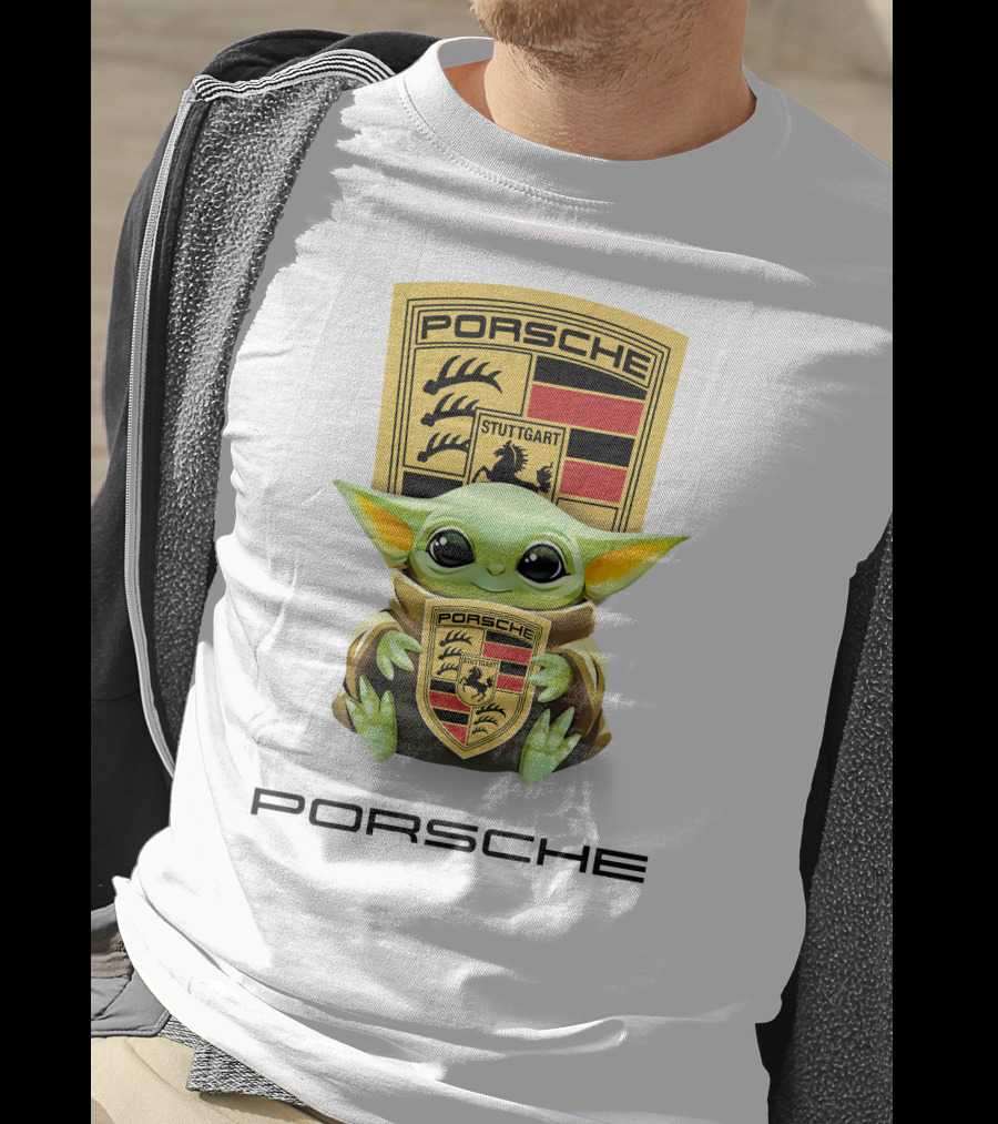 Baby Yoda Holding Stuttgart Porsche Crest T-Shirt