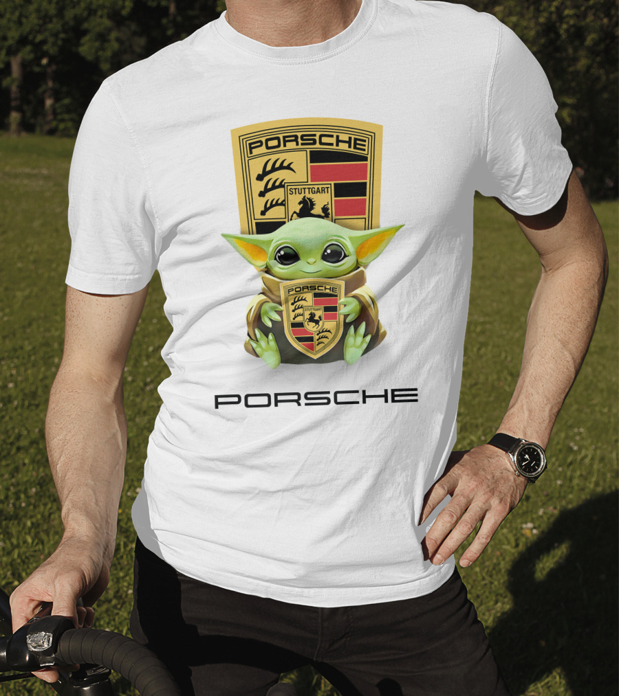 Baby Yoda Holding Stuttgart Porsche Crest T-Shirt