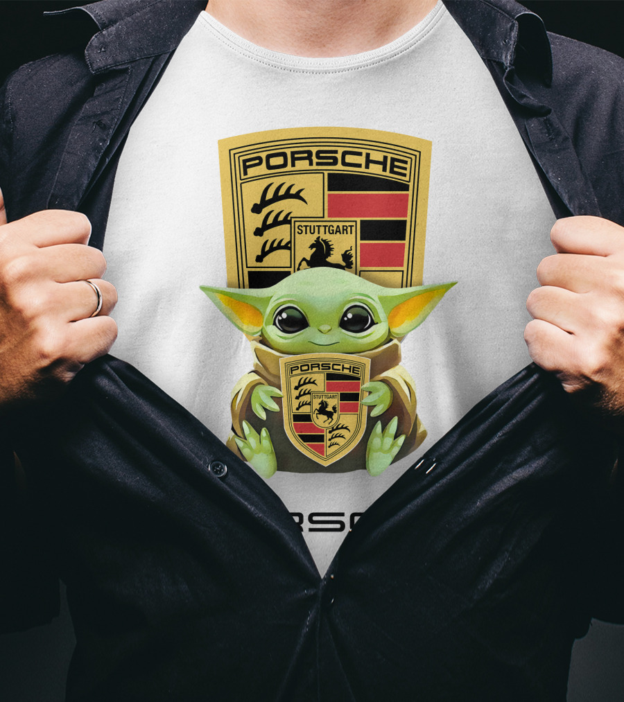 Baby Yoda Holding Stuttgart Porsche Crest T-Shirt