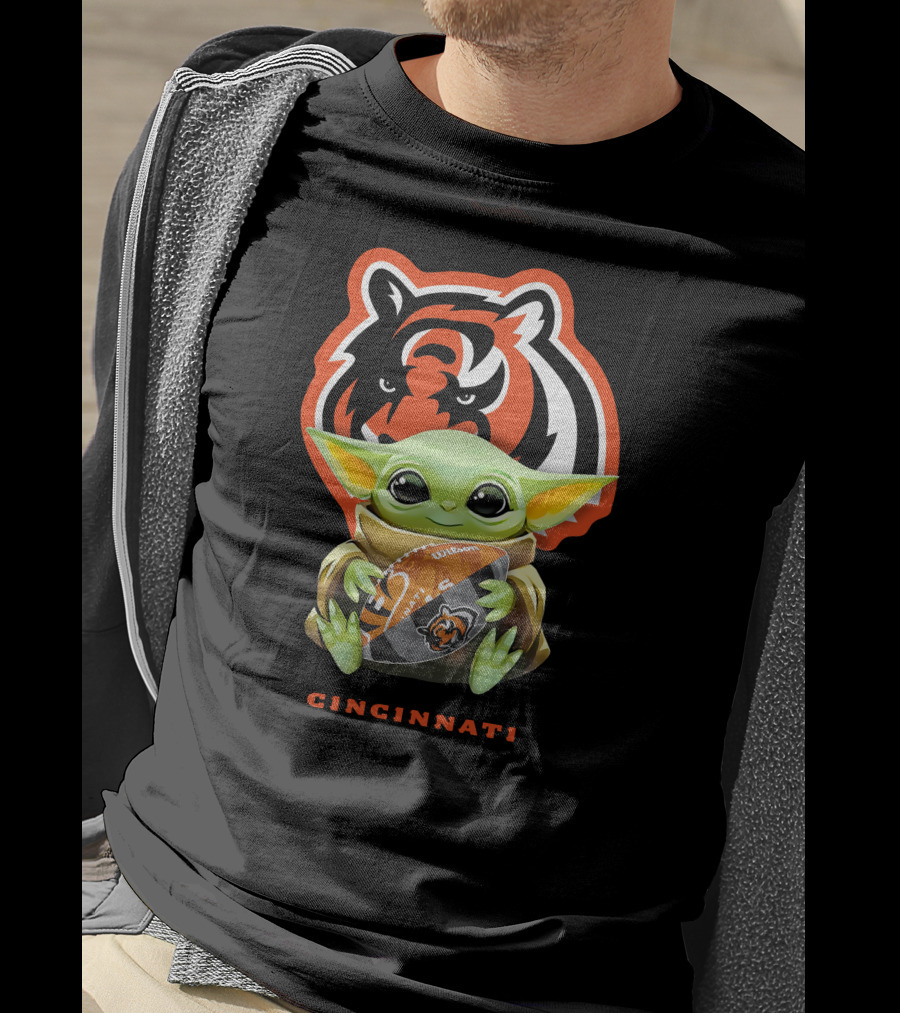 Star Wars Baby Yoda Hugging Cincinnati Bengals Logo Football T-Shirt