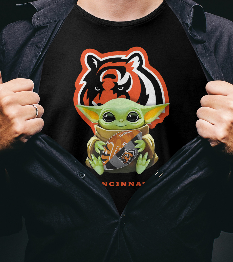 Star Wars Baby Yoda Hugging Cincinnati Bengals Logo Football T-Shirt