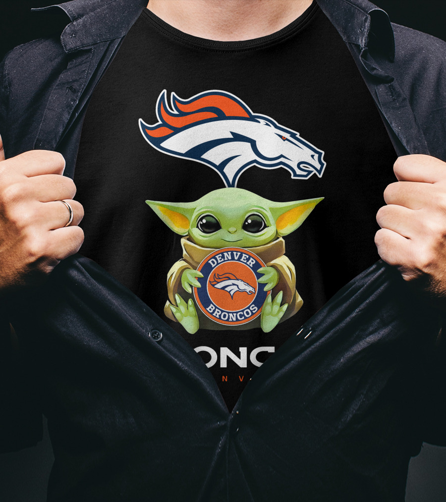 Star Wars Baby Yoda Holding Denver Broncos Emblem T-Shirt