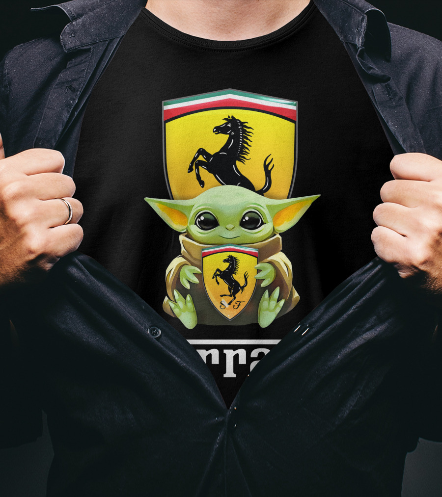 Star Wars Baby Yoda Holding Ferrari Logo Black T-Shirt