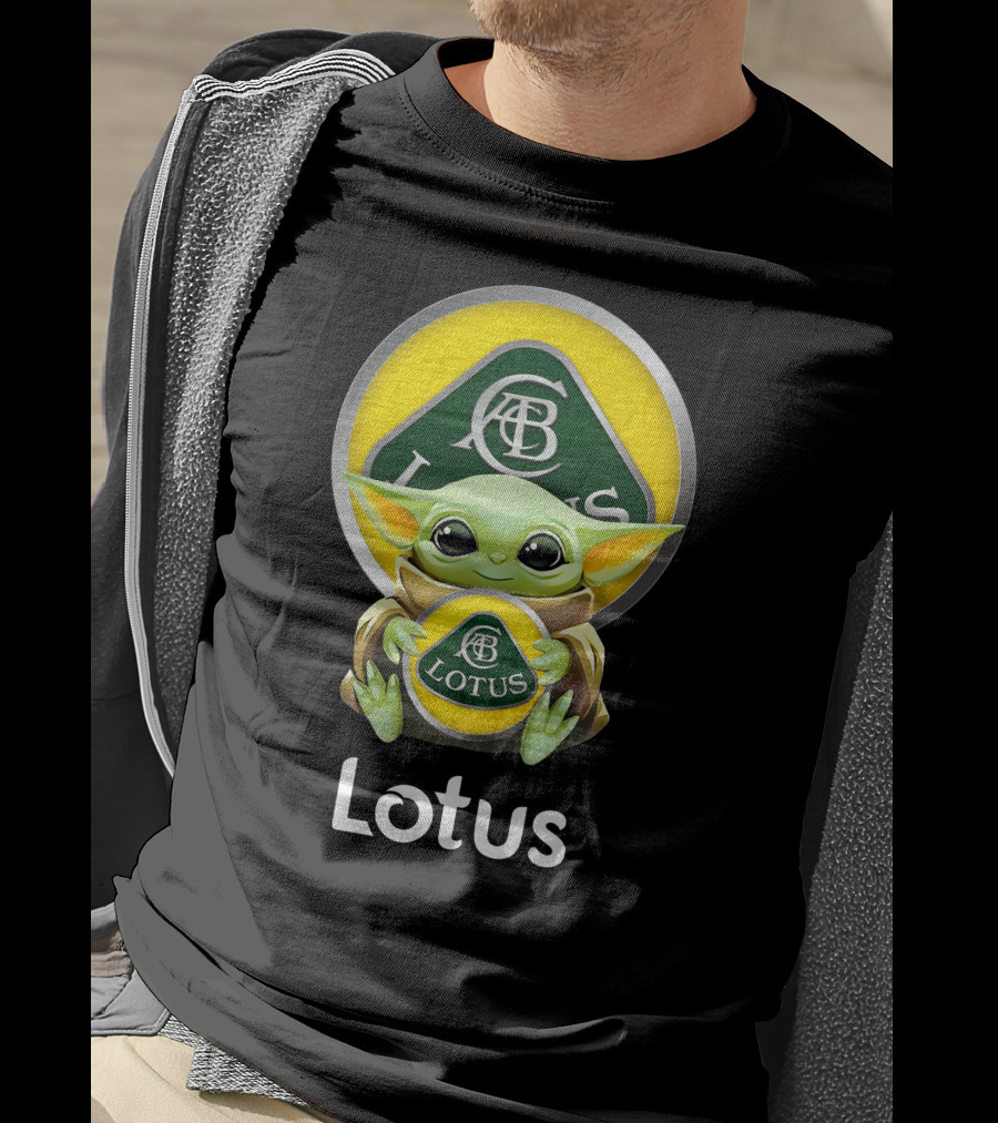 Star Wars Baby Yoda Hugging Lotus Car Logo On Black T-Shirt
