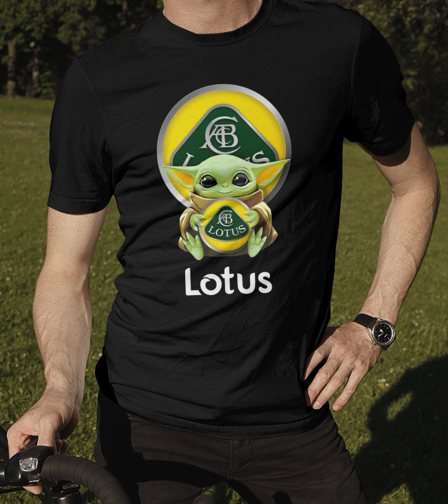 Star Wars Baby Yoda Hugging Lotus Car Logo On Black T-Shirt