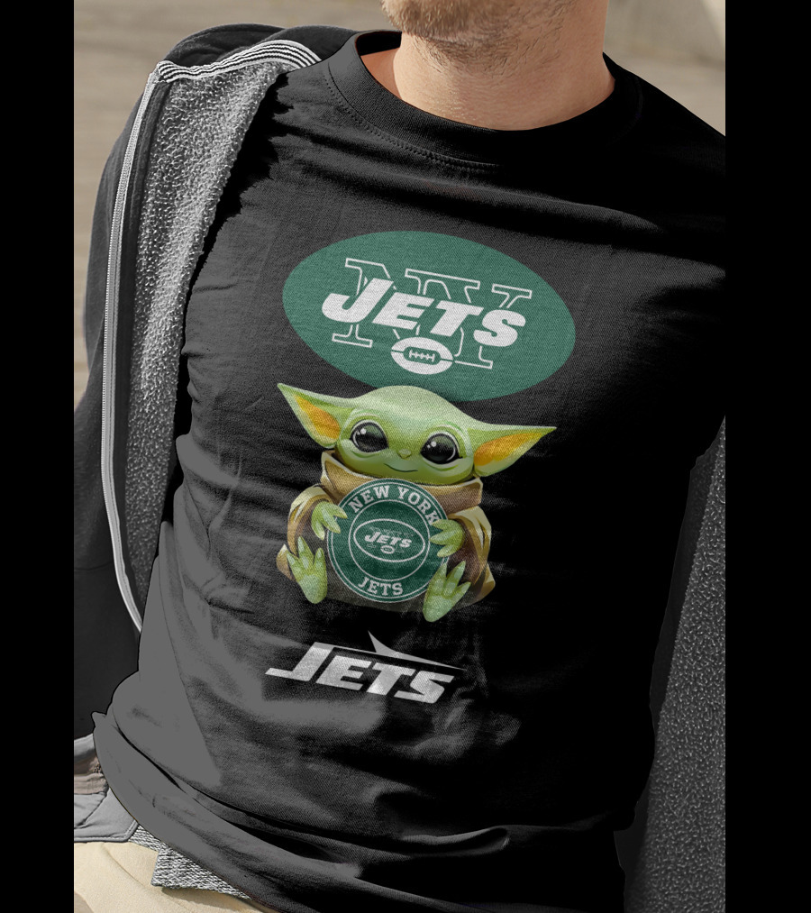 Star Wars Baby Yoda Holding New York Jets Football Logo With NY Jets Text T-Shirt
