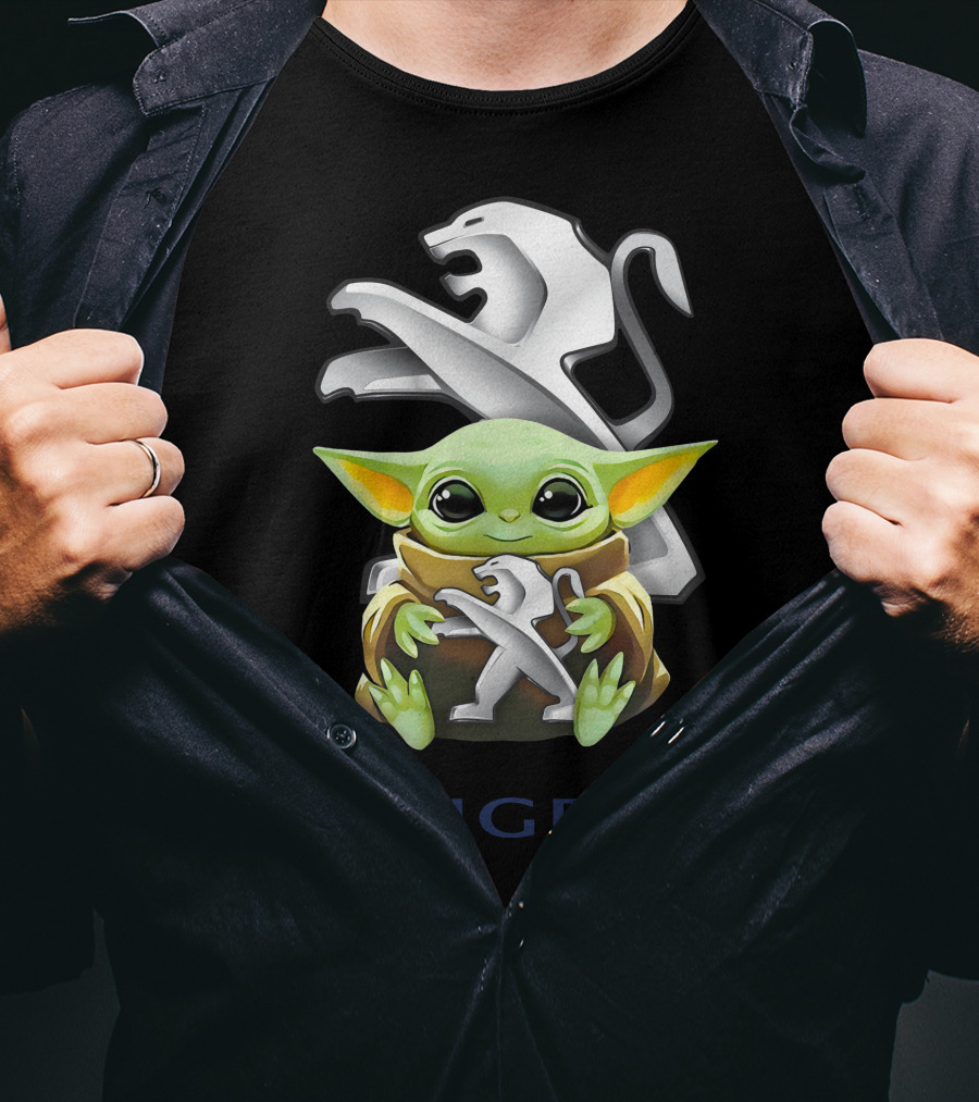 Baby Yoda Hugging Peugeot Lion Logo Star Wars Character T-Shirt