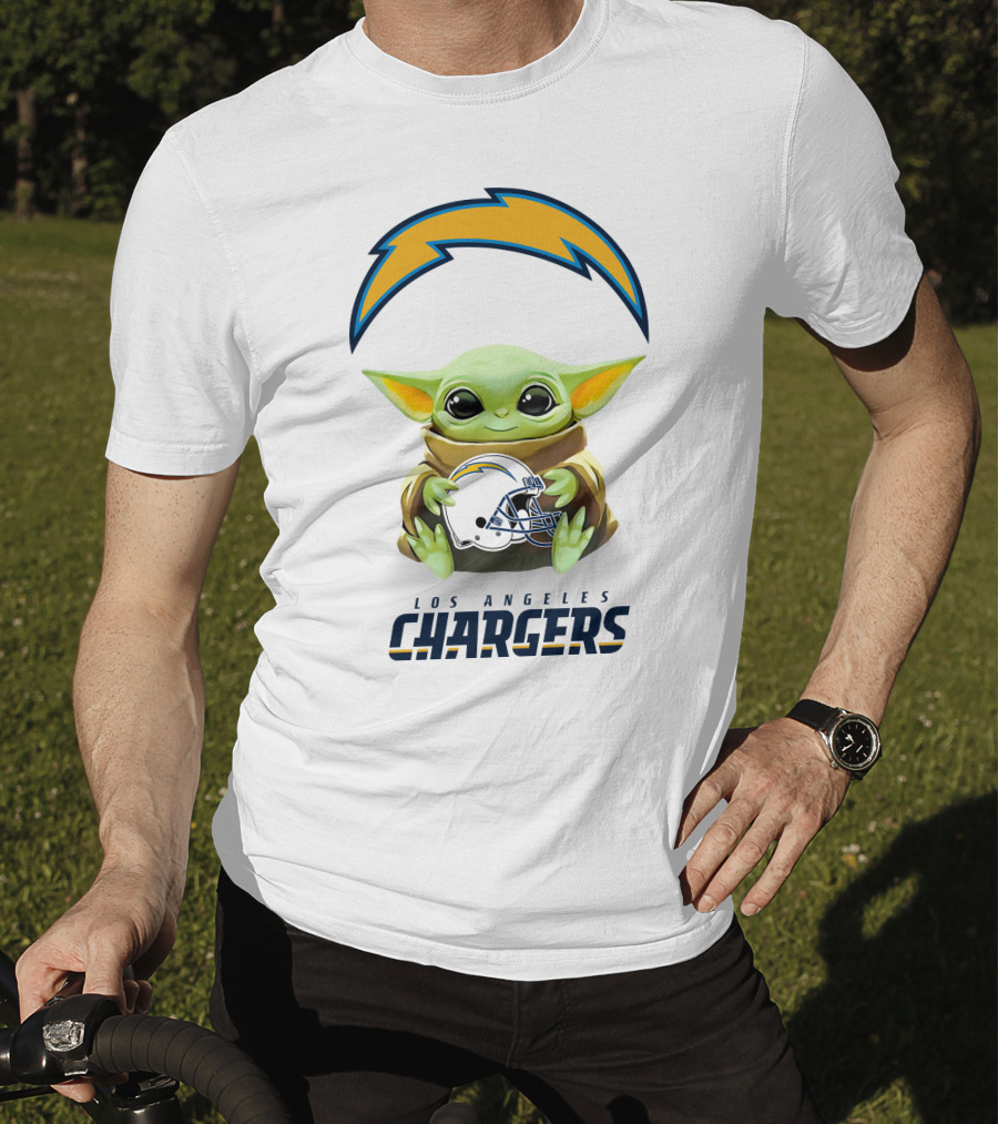 Los Angeles Chargers Star Wars Baby Yoda Hugging Helmet T-Shirt