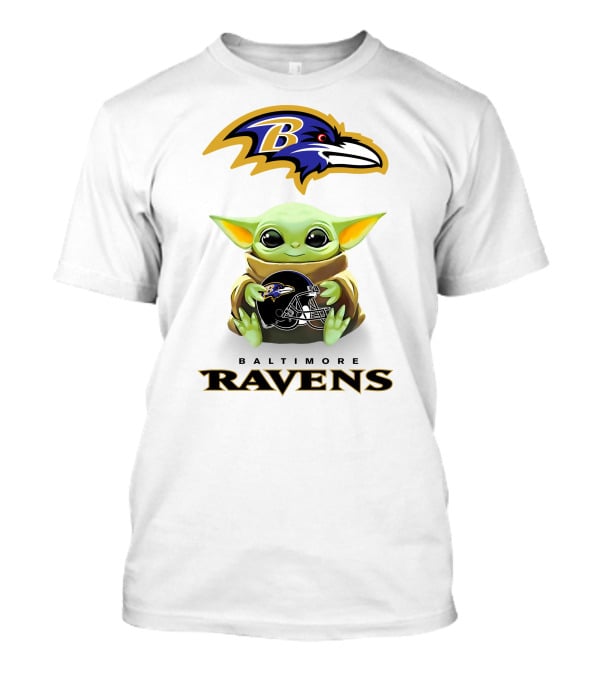 Baby Yoda Holding Baltimore Ravens Helmet With Ravens T-Shirt