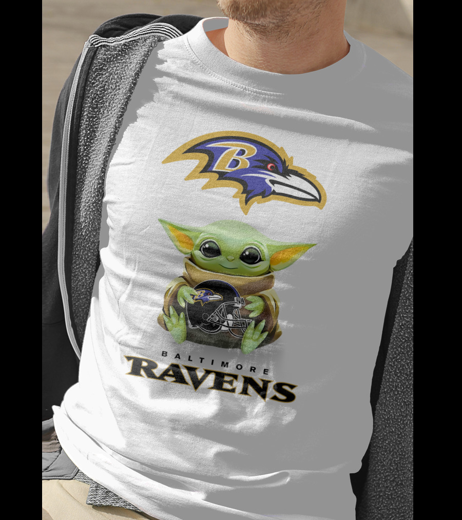 Baby Yoda Holding Baltimore Ravens Helmet With Ravens T-Shirt