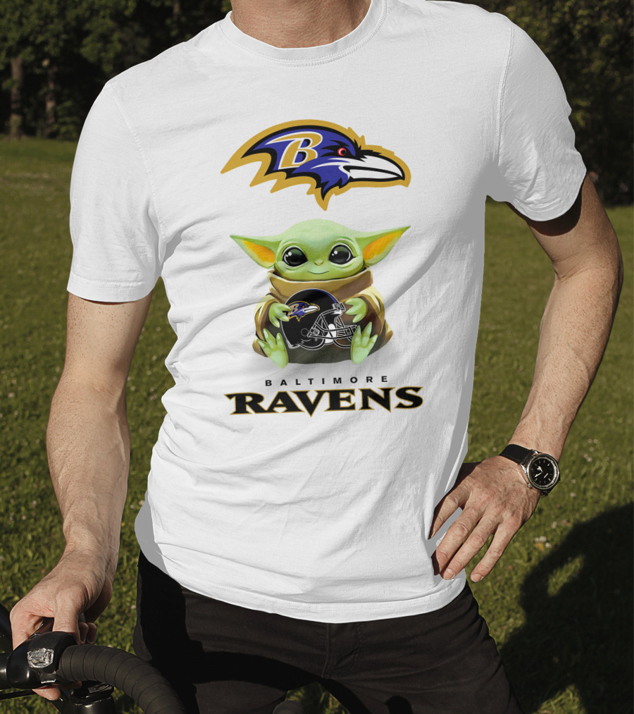 Baby Yoda Holding Baltimore Ravens Helmet With Ravens T-Shirt