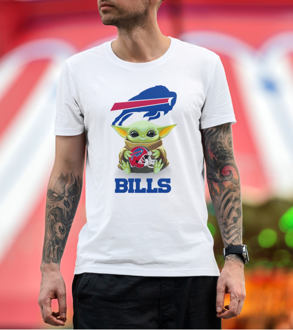 Premium T-Shirt: Baby Yoda Holding Buffalo Bills Helmet with Bills T-Shirt Baby Yoda Holding Buffalo Bills Helmet with Bills T-Shirt