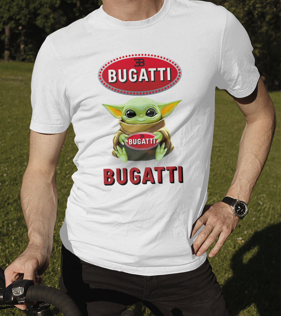 Baby Yoda Holding Bugatti Logo Emblem T-Shirt