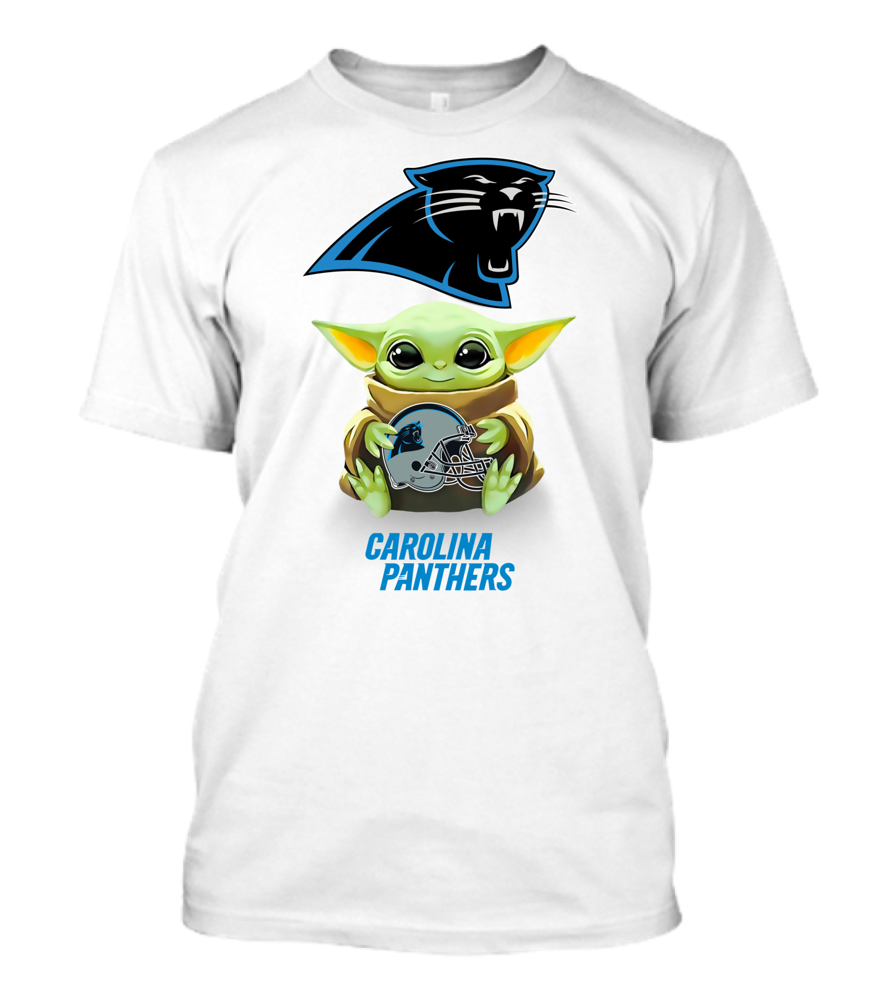 Baby Yoda Holding Carolina Panthers Helmet T-Shirt