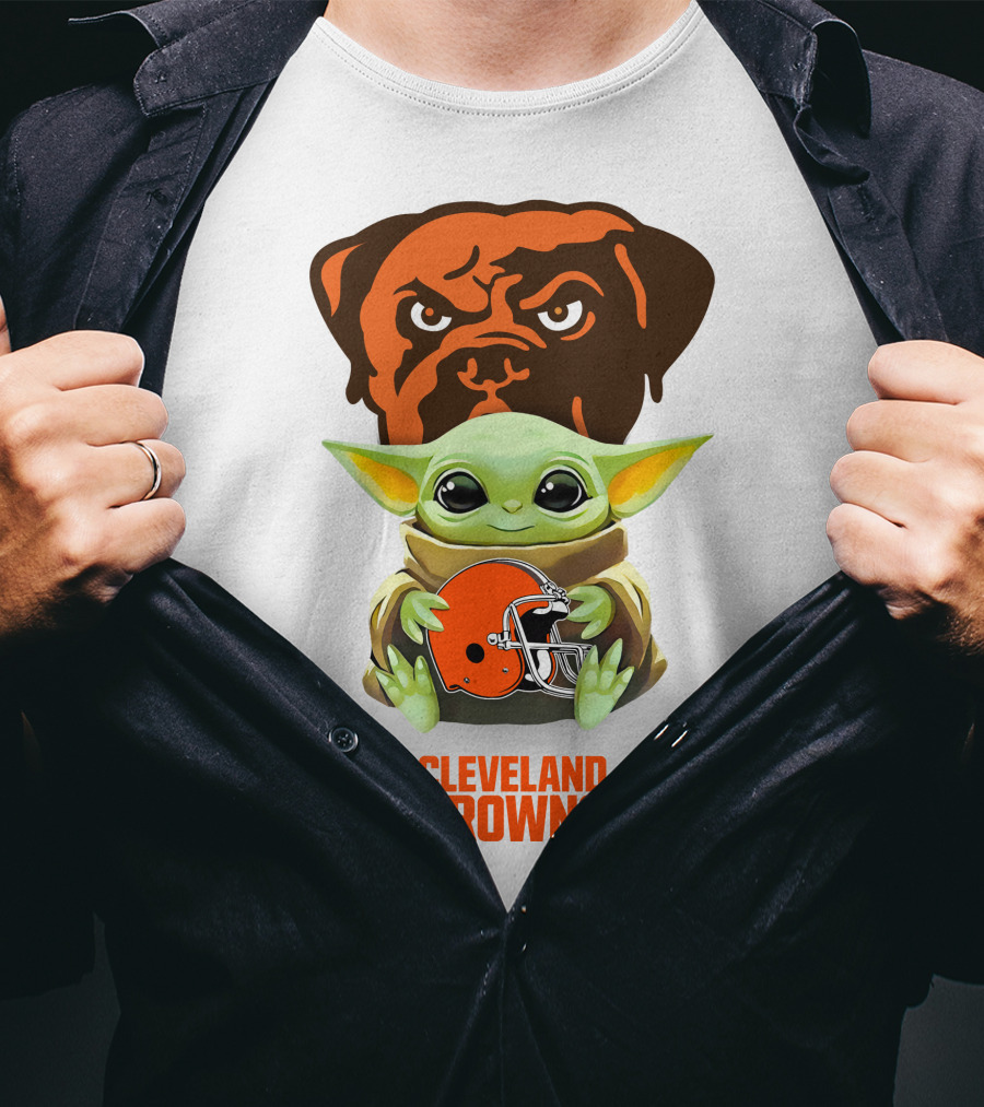Baby Yoda Holding Cleveland Browns Helmet With Dog T-Shirt
