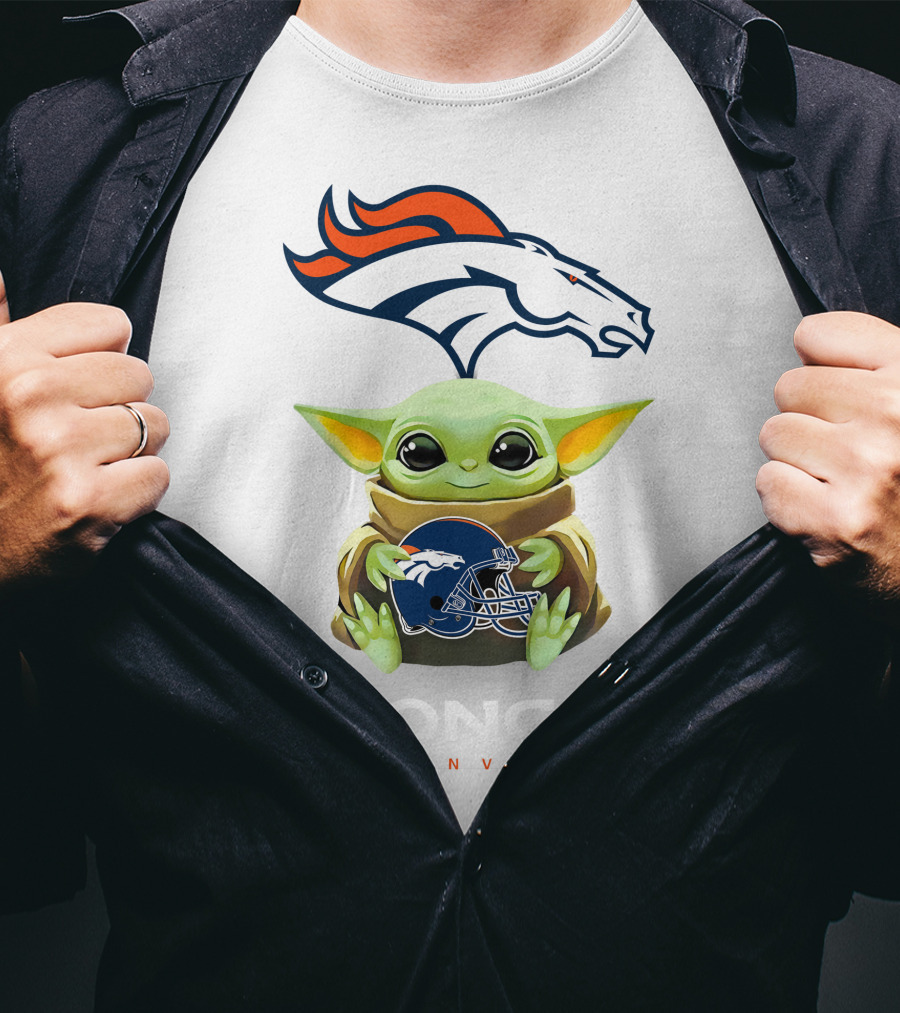 Baby Yoda Holding Denver Broncos Helmet With Broncos T-Shirt