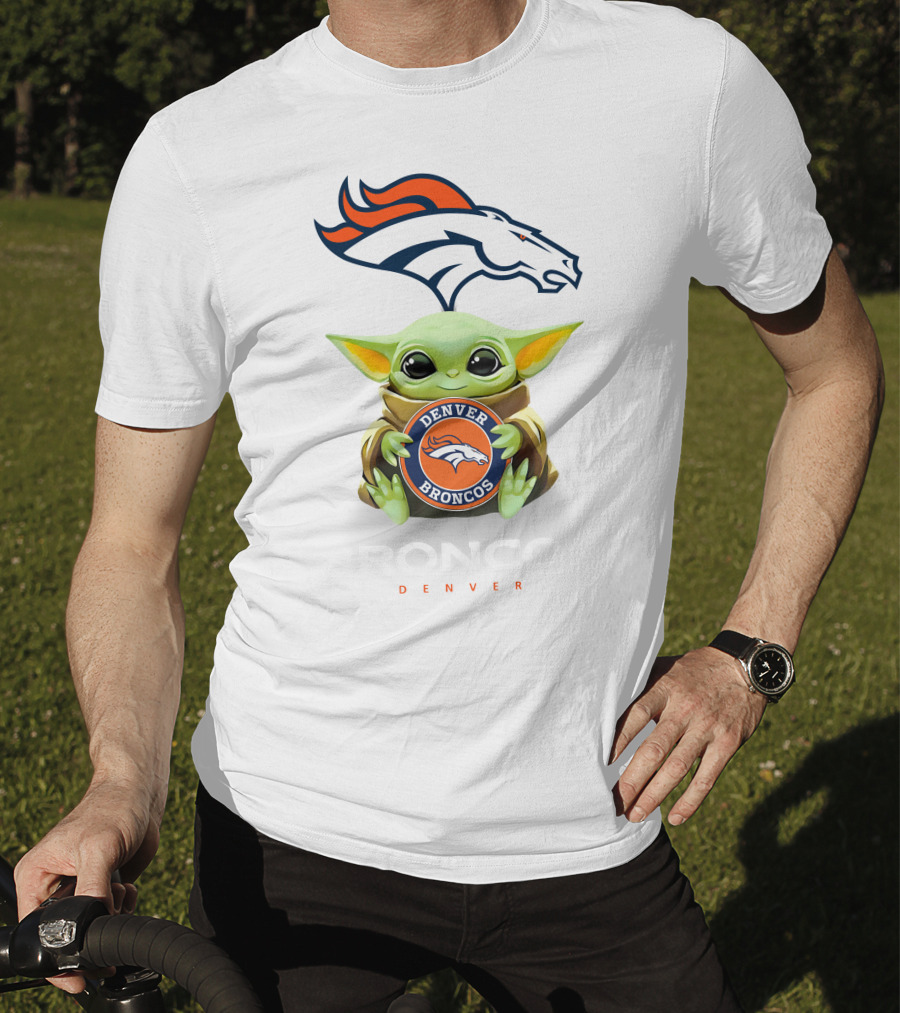 Baby Yoda Hug Denver Broncos Denver Broncos Bronco Denver White T-Shirt