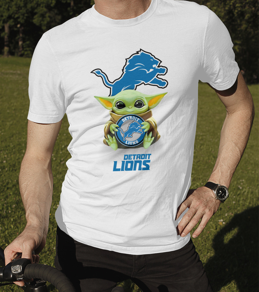 Baby Yoda Detroit Lions Emblem With Blue Logo And Iconic Character T-Shirt