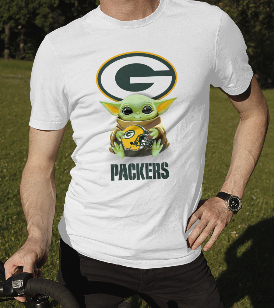 Baby Yoda Hugging Green Bay Packers Helmet With Logo And Packers Text T-Shirt