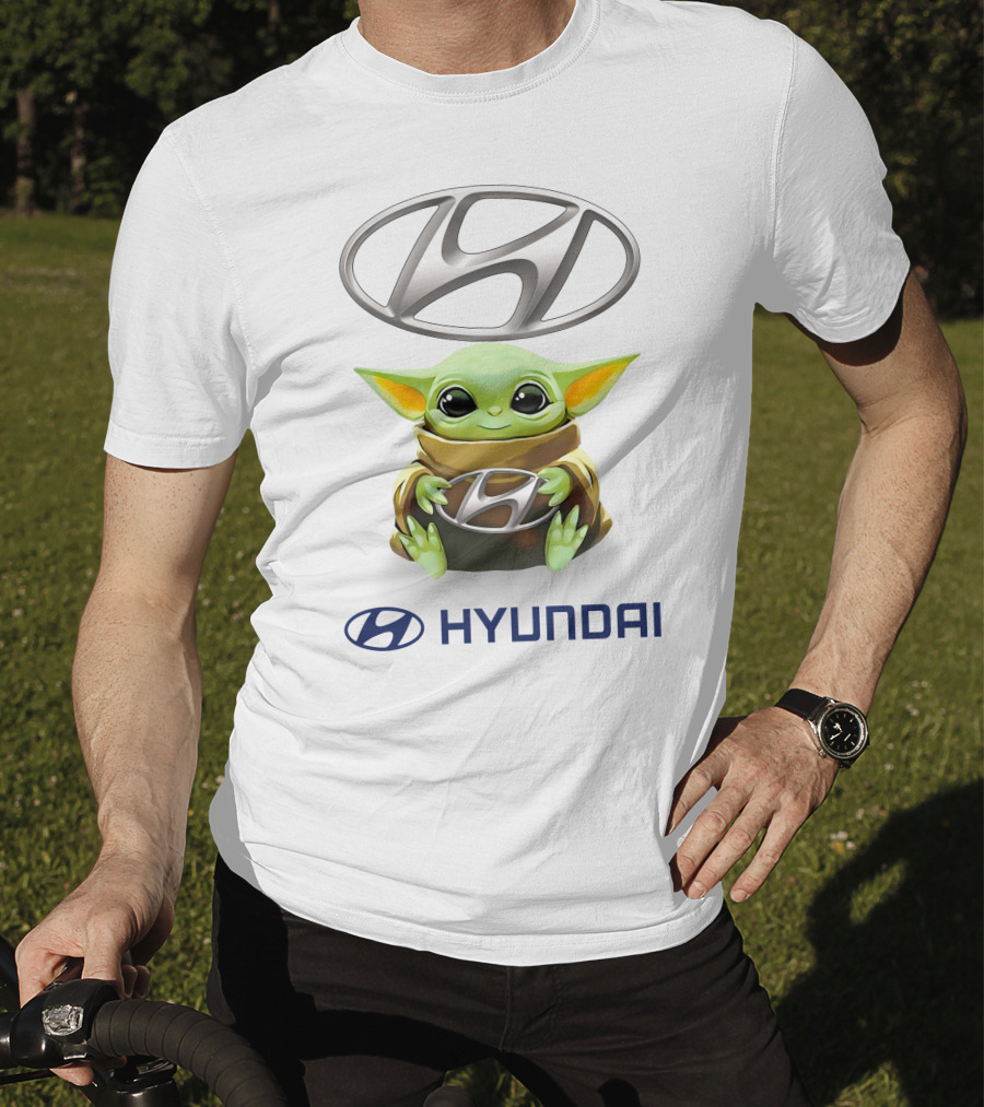 Baby Yoda Holding Hyundai Silver Emblem T-Shirt