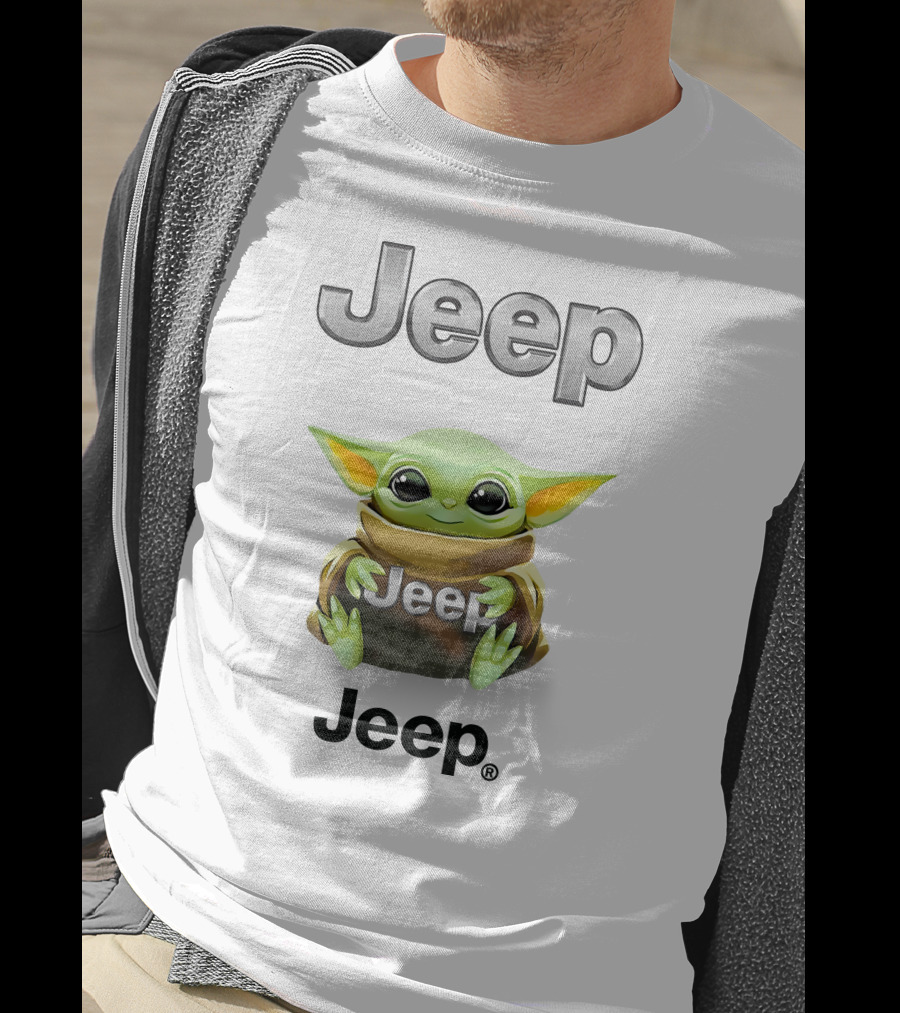 Jeep Baby Yoda Hugging Brand Logo White T-Shirt