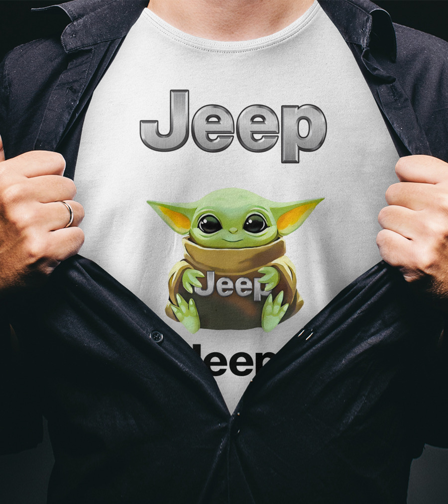 Jeep Baby Yoda Hugging Brand Logo White T-Shirt