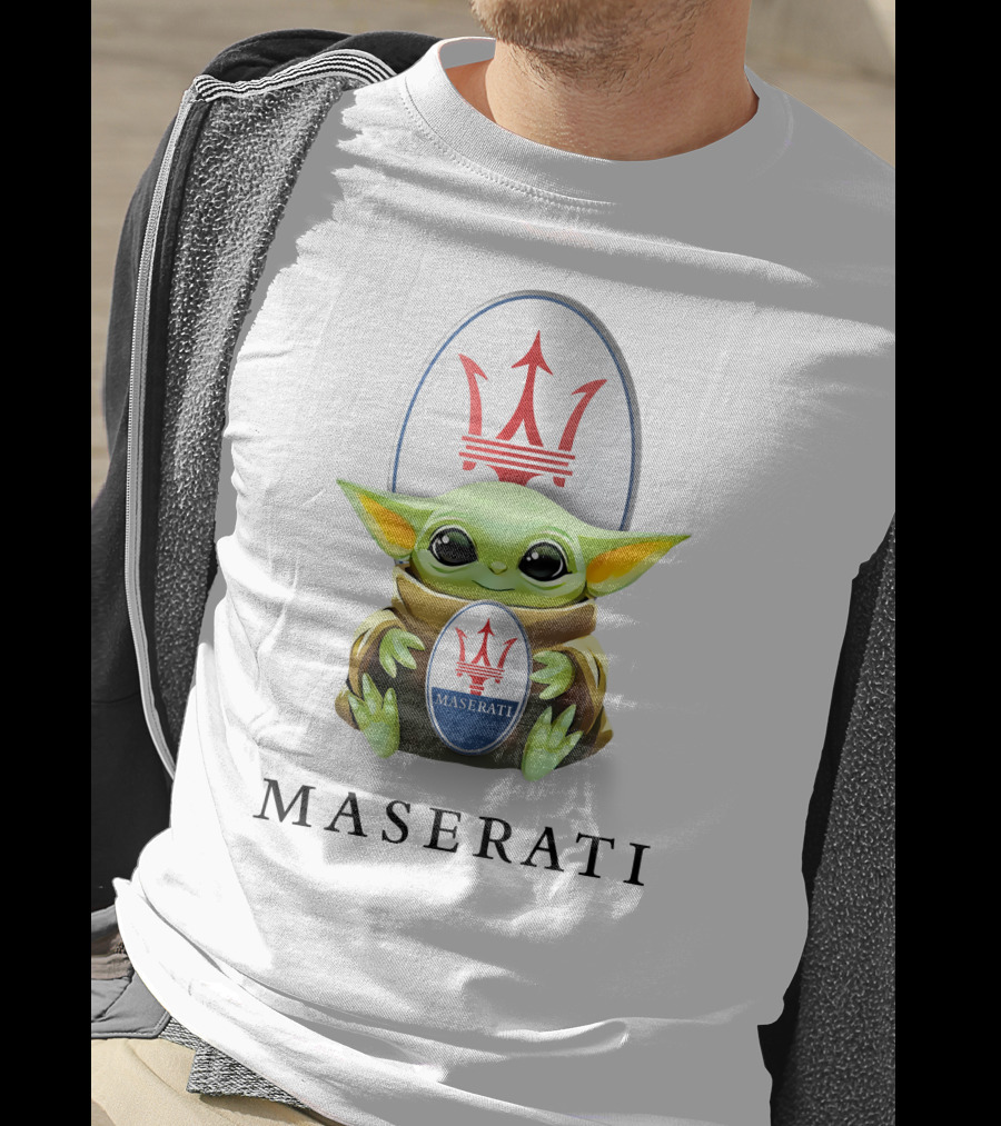 Maserati Emblem With Baby Yoda Hugging Iconic Logo White Background T-Shirt