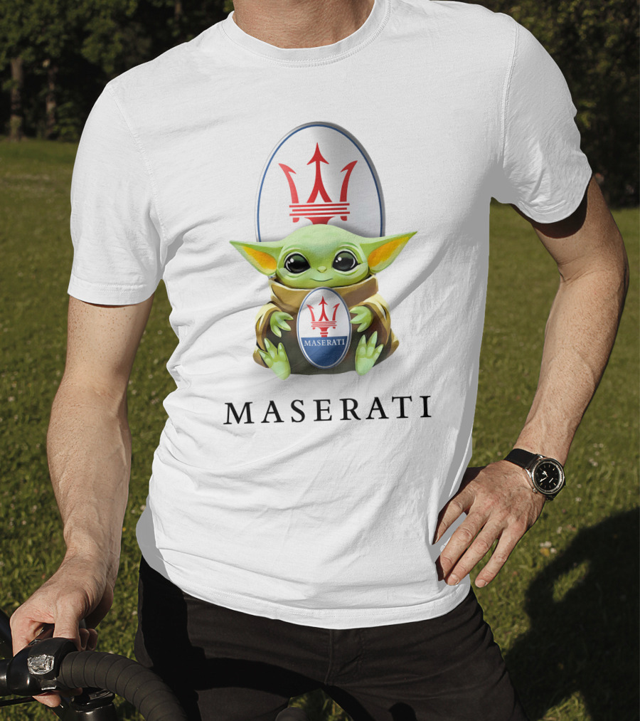 Maserati Emblem With Baby Yoda Hugging Iconic Logo White Background T-Shirt