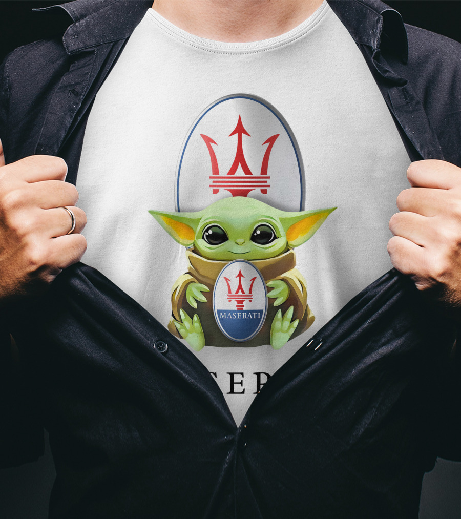 Maserati Emblem With Baby Yoda Hugging Iconic Logo White Background T-Shirt