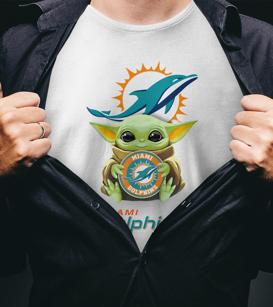 Baby Yoda Holding Miami Dolphins Logo Fan T-Shirt