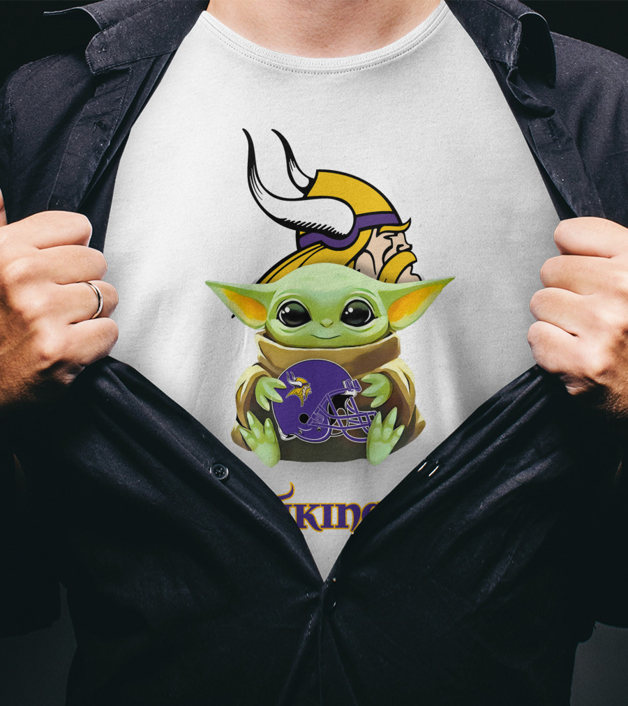 Baby Yoda Holding Minnesota Vikings Helmet T-Shirt