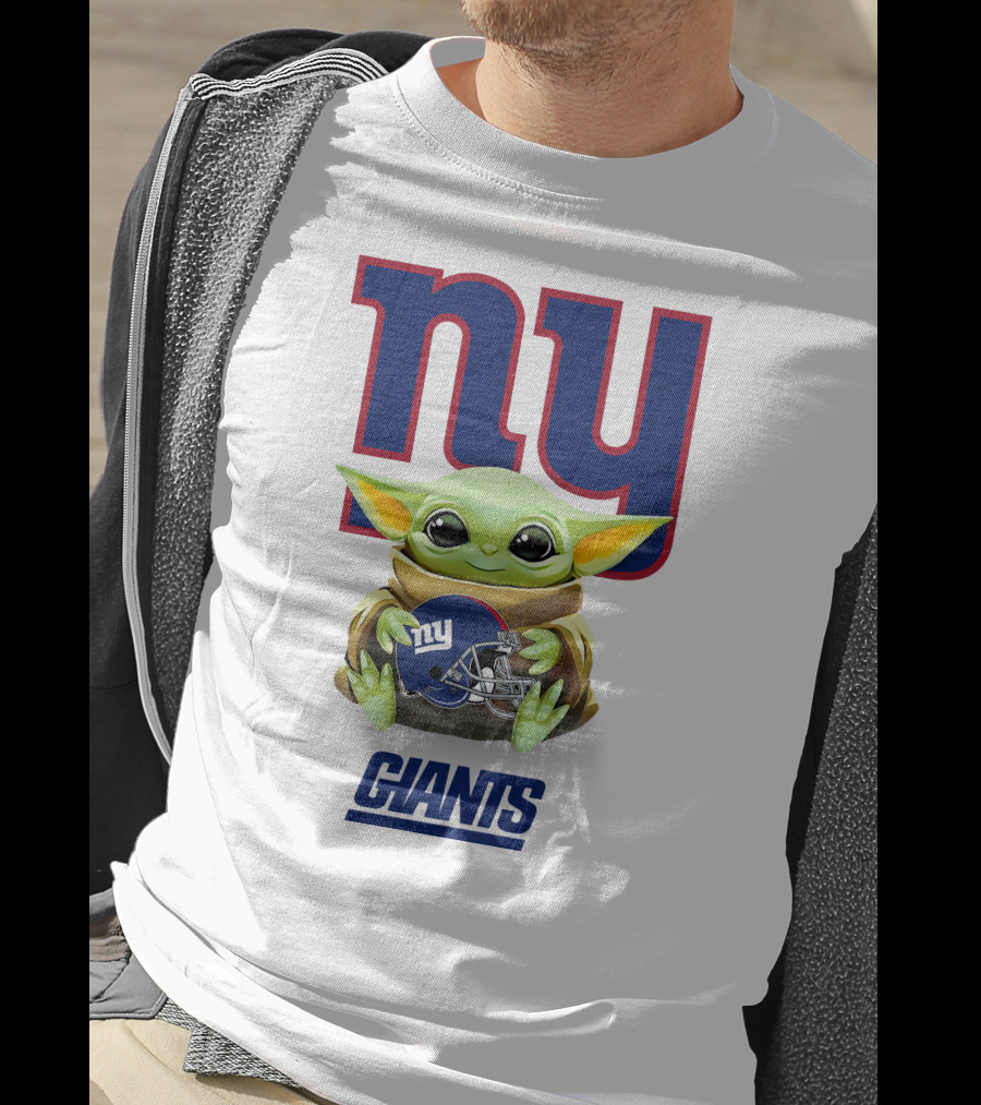 Baby Yoda Holding New York Giants Helmet Under Team T-Shirt