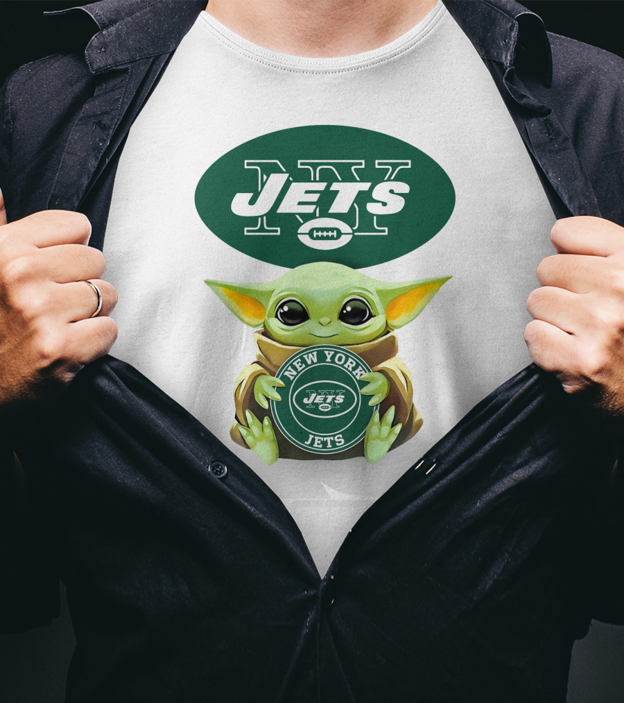 Baby Yoda Holding New York Jets Football T-Shirt