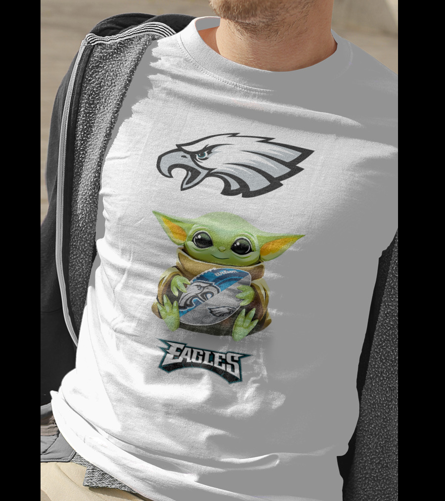 Baby Yoda Hugging Philadelphia Eagles Football With Eagle T-Shirt