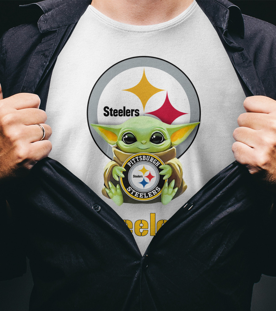 Baby Yoda Hug Pittsburgh Steelers Logo Steelers T-Shirt