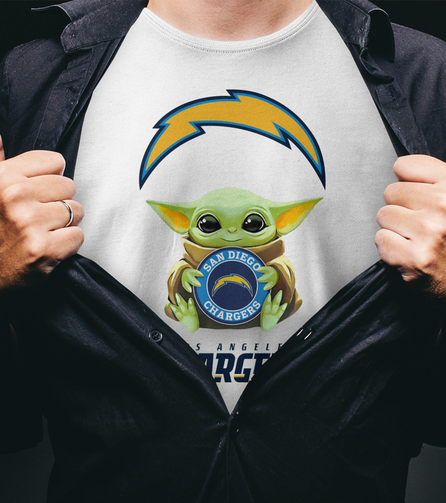 Baby Yoda Hug San Diego Chargers Los Angeles Chargers Logo White T-Shirt