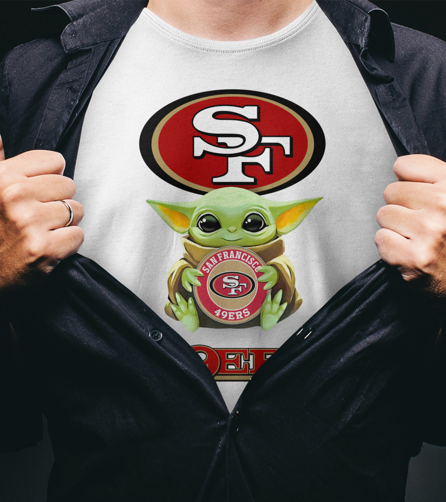 Baby Yoda Hug SF 49ers San Francisco 49ers Logo 49ers White T-Shirt