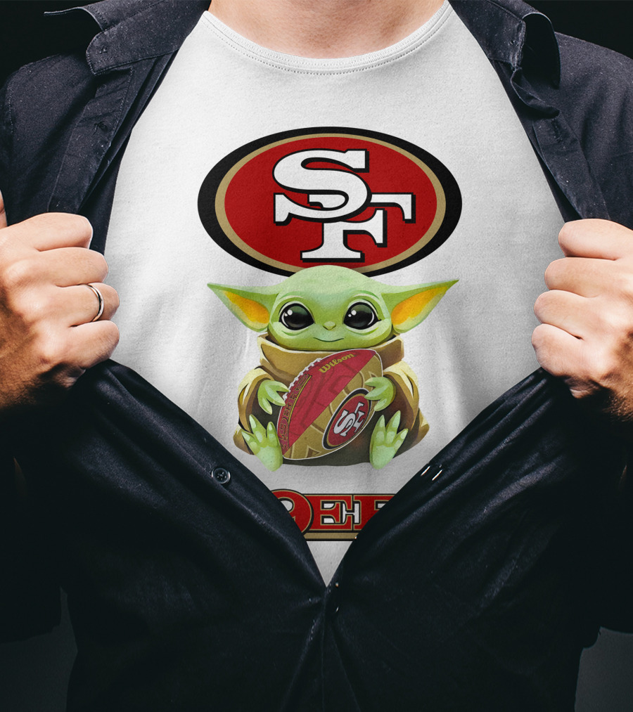 Baby Yoda Hugging San Francisco 49ers Football SF Logo 49ers Fan Gear T-Shirt