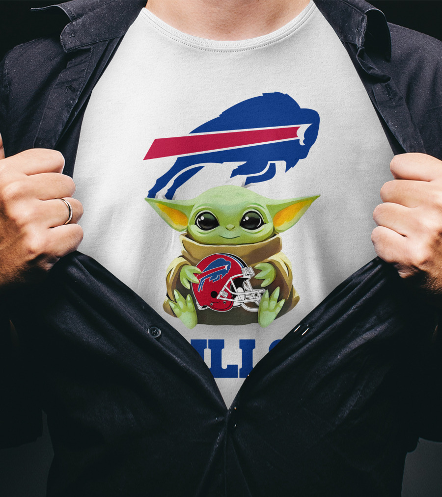 Baby Yoda Hug Buffalo Bills Helmet Star Wars White T-Shirt