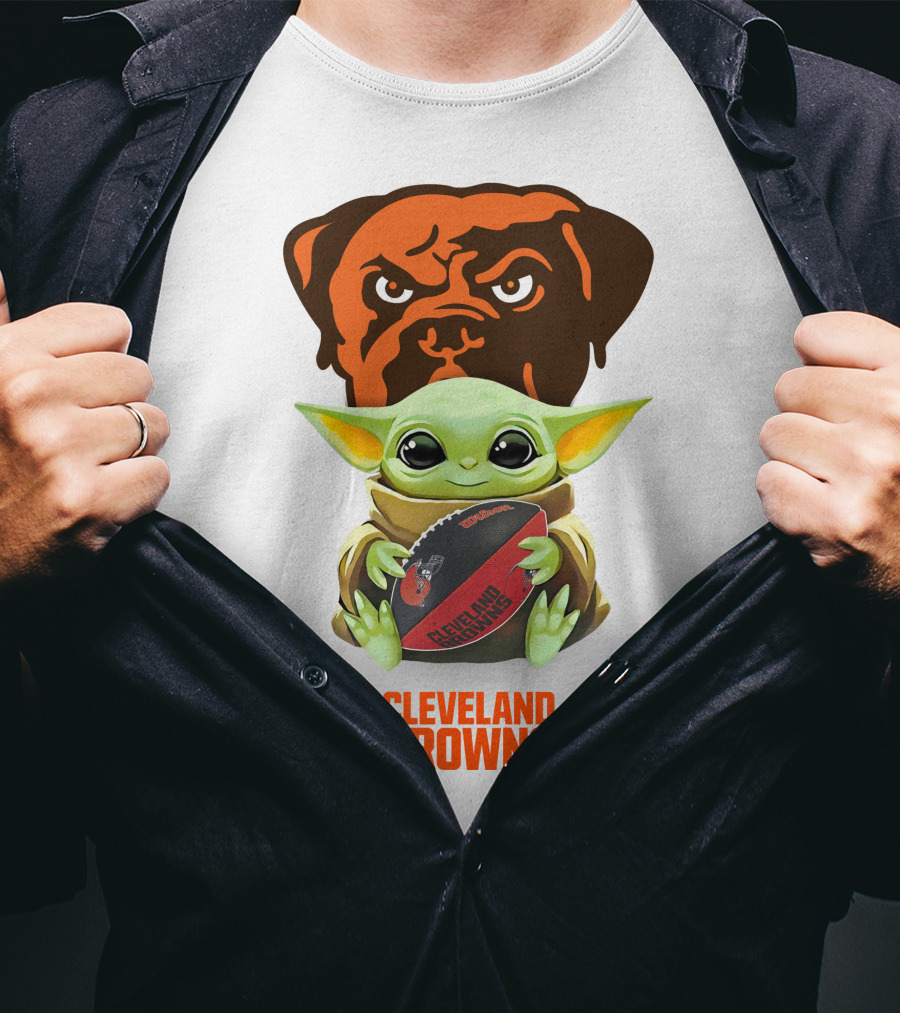 Baby Yoda Holding Cleveland Browns Football With Team Logo Background T-Shirt