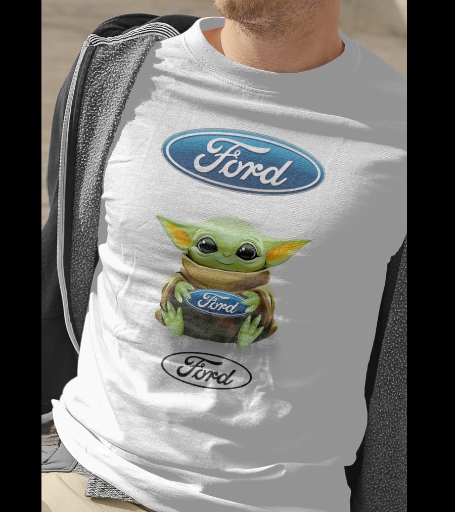 Star Wars Baby Yoda Holding Ford Logo White Background T-Shirt