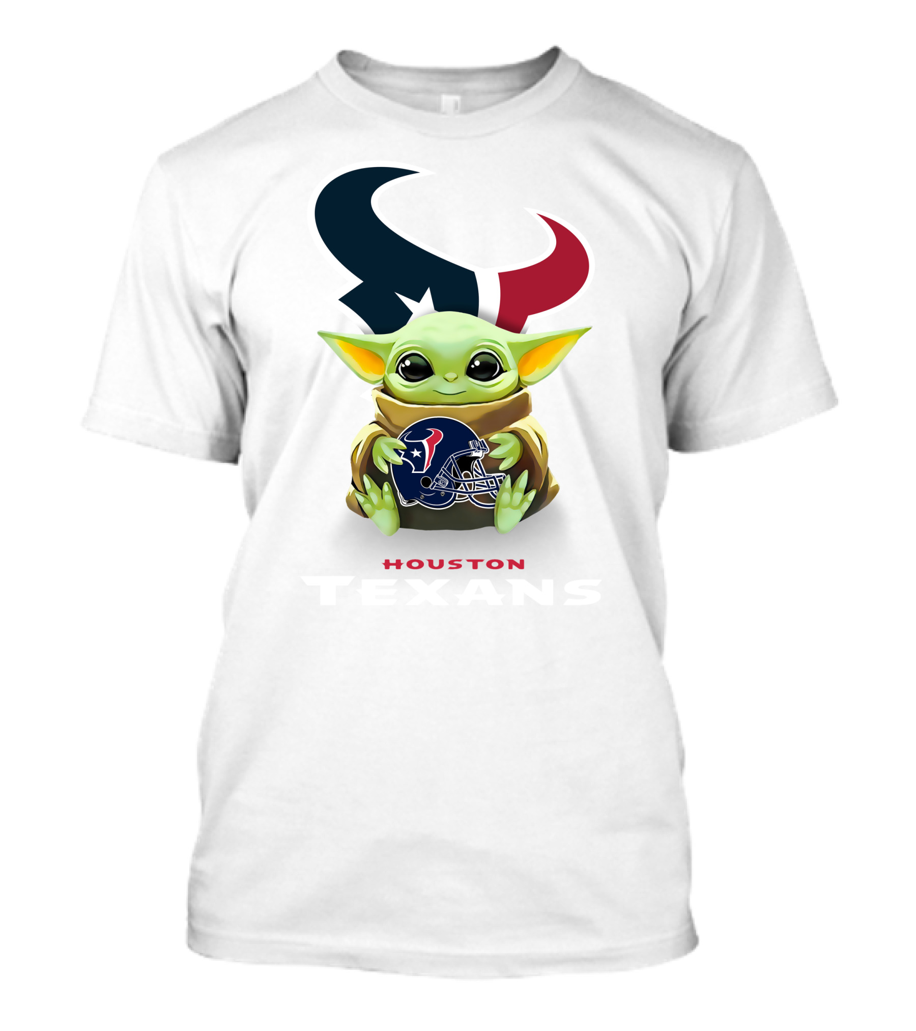 Star Wars Baby Yoda Holding Houston Texans Helmet With Logo On White T-Shirt